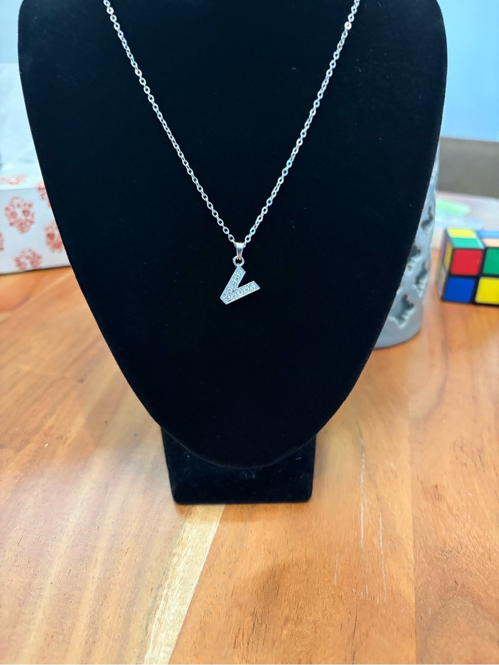 Silver Initial V Pendant Necklace - Sparkling V Charm